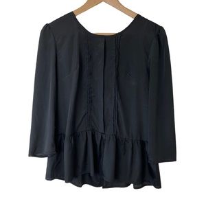 Kaylee Black Blouse Shirt Top Women's Size Large Zip Back Ruffles 3/4 Sleeve